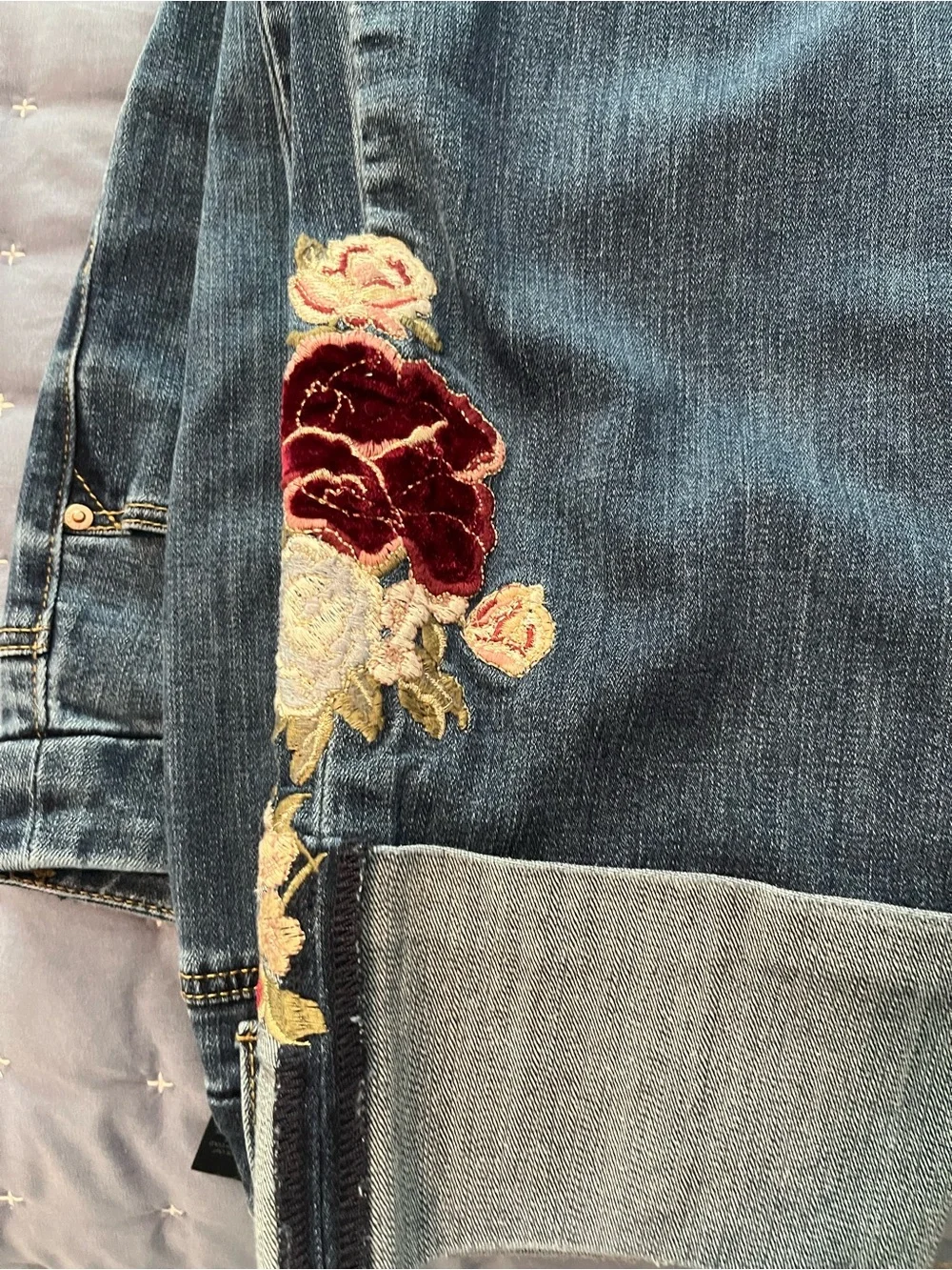 Chico’s So Slimming Dark Wash Ankle Jeans with Floral Embroidery